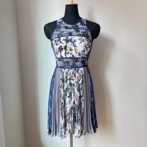 Rebecca Taylor Mixed Pattern Print Dress with Pleated Skirt